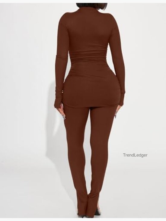 Women's Ribbed Tracksuit Set Half Zip Pullover Leggings Gym Lounge - Picture 6 of 6